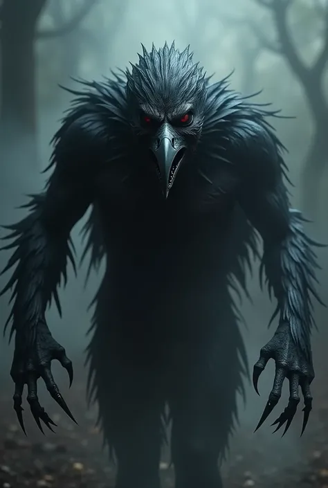 "Create a frightening hybrid creature that seamlessly combines human and crow features into a single, monstrous form. The creature has a human-like body with feathered arms that extend into sharp, talon-like claws. Its face blends human and crow characteri...