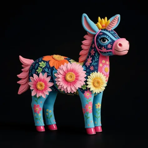 unicorn stands against a stark white backdrop. The unicorns head is adorned with a white body, adorned with red, blue, yellow, and orange swirls. The horn of the unicorns horn is adorned in a vibrant red and green pattern, adding a pop of color to the scen...