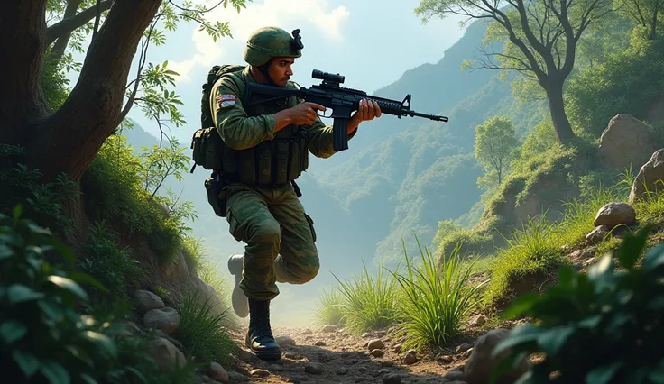 Create a detailed image of an Indian Army Major from the Gurkha Rifles, inspired by Major Imliakum Keitzar. He is shown in a mountainous and forested terrain, emblematic of the Indian northeast region. The Major is dressed in a camouflage uniform, carrying...