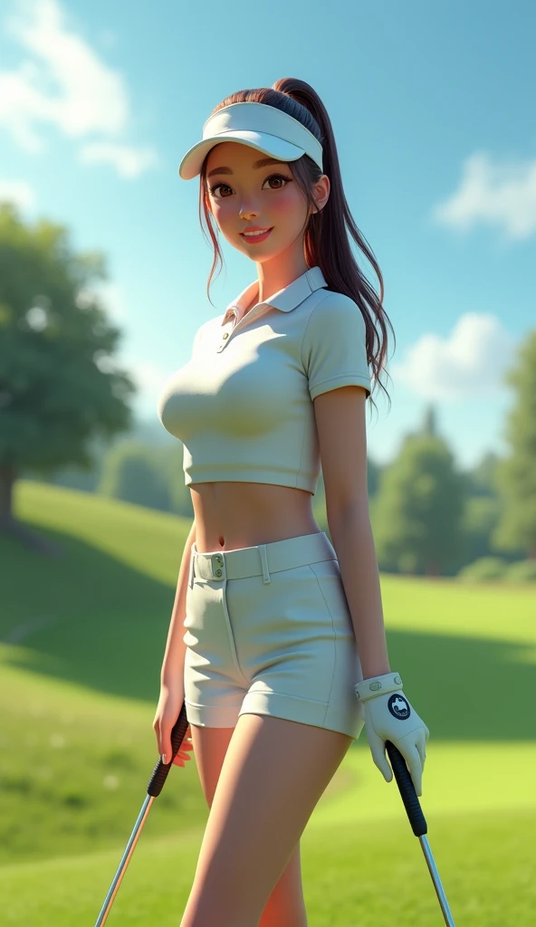  High Definition CG Unity 8K Wallpaper 、Best quality、Super detailed、masterpiece、Realistic、Photorealistic、Details of a very cute woman 、24 years old、( long hair)、(( smaller))、 clevis 、( golf wear) 、((golf mini skirt))、( has golf clubs )、(Wearing golf gloves...