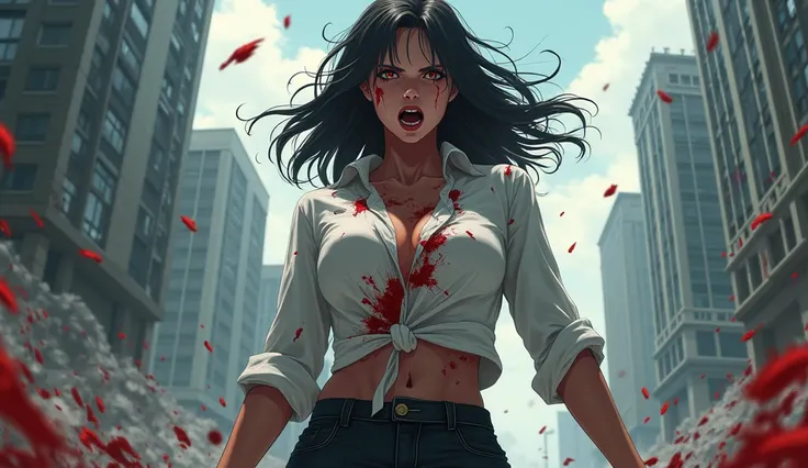 The biggest female character in the world anime face silk white shirt back ground is the modern world collapse the main female shirt is covered with blood on the face is also covered with blood crazy expression big  extra big 