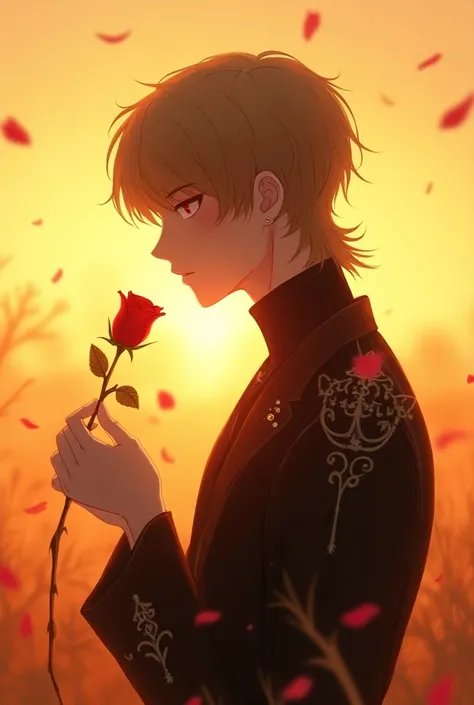 Create an illustration of a young man with a mullet hairstyle, inspired by V from BTS, standing in a warm, golden sunset. Hes holding a single red rose gently in one hand, gazing at it with a calm, thoughtful expression. His hair is softly tousled in a mul...