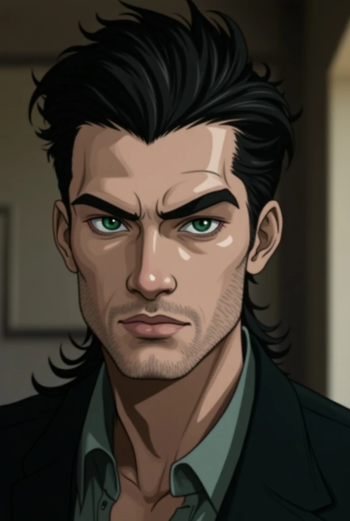 white man, virile appearance. Darkened black hair with an undercut, greenish hunters eyes, thin lips. Defined chin. goatee. In the background, the interior of a blurred building.