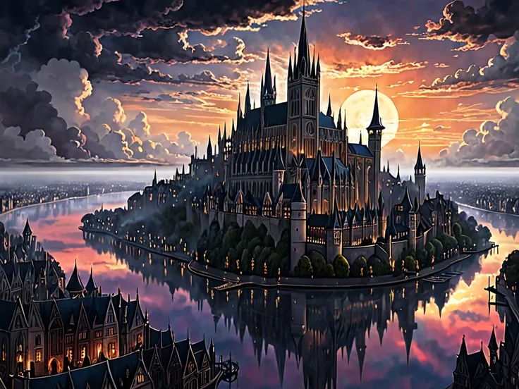 A captivating and conceptual illustration of a medieval city floating in the clouds, with a dark fantasy theme. The city is adorned with silver Gothic architecture, and the sky is filled with voluminous, beautiful clouds that frame the setting sun. A silve...