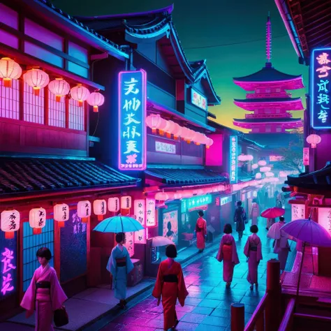  a person wearing a kimono walking along the street in an area illuminated by neon々 group ,  Cyberpunk Street in Japan  , Dreamy, vibrant cyberpunk hues,  art deco outran anime aesthetic ,  Vaporwave City,  shining neon lights in Yoshiwara, Tokyo , Cyberpu...