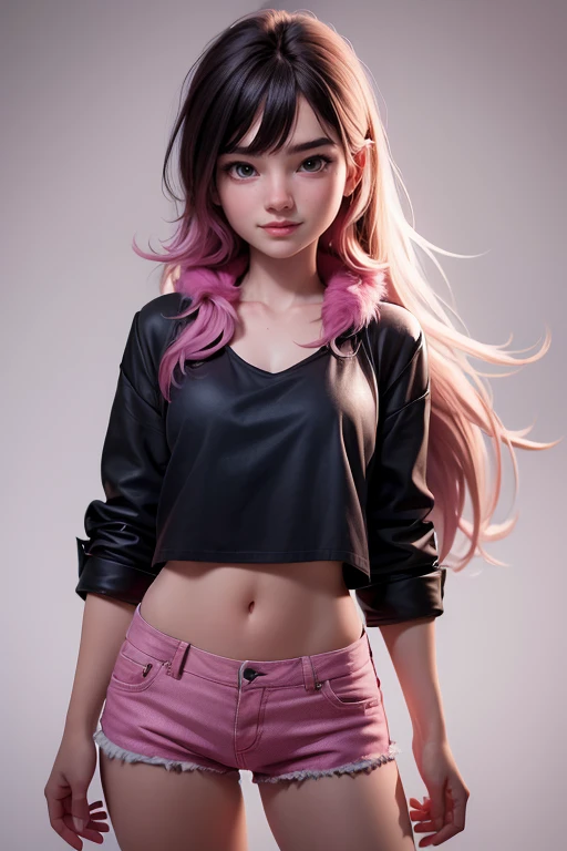 young girl, pink fur, cowboy shorts,  open black shirt and a top,  expression of happiness ,  Natural lighting,  ultra resolution ,  plain white background , without patterns, No textures.