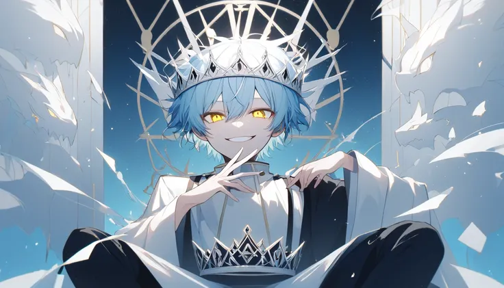 anime, yellow dragon eyes, light blue hair, cool, music cover concept, young, androginous, utaite album cover, red black and white theme, dim light, cinematic, tetric, stylized, short hair, male clothes, cute, king kanaria, holding a crown, hand on mouth, ...