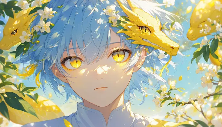 Close-up anime portrait of an androgynous character with light-blue hair and bright yellow dragon eyes, framed by a delicate bokeh of lemon blossoms. The background features warm sunlight and distant mountains, enhancing the nostalgic feel. Add detailed fa...