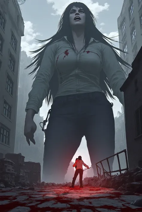 The biggest female character in the world anime face silk white shirt back ground is the modern world collapse the main female shirt is covered with blood on the face is also covered with blood crazy expression big  extra big 