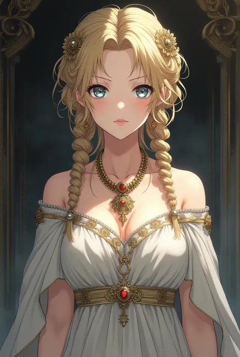 This is an exquisite illustration from a Japanese anime, depicting a beautiful ancient Roman girl, wearing an elegant ivory white classical dress, a gold necklace set with various jewelry, and a gold bracelet. Her blonde locks were styled intricately yet e...