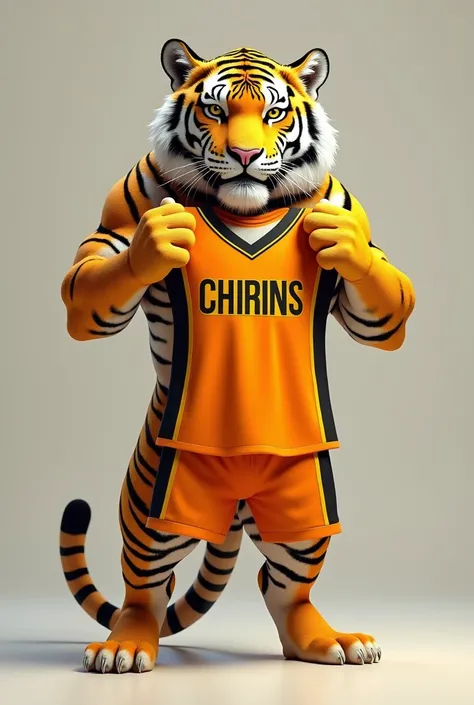 Make a yellow tiger on the side ,  holding a Tigrees FC cheer jersey, The shirt has to be all orange with some yellow details, black and white