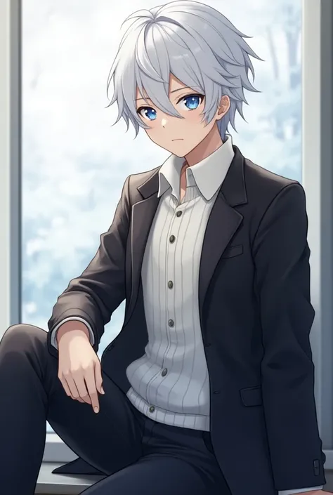  male anime character , Cute boy with white hair and blue eyes , sitting, elegant clothes,  white sweater ,   black jacket  , periphery,   white hair ,   short hair,   photo shoot, Back window , sitting,  masterpiece , fringe,  white hair , fringe recto, 