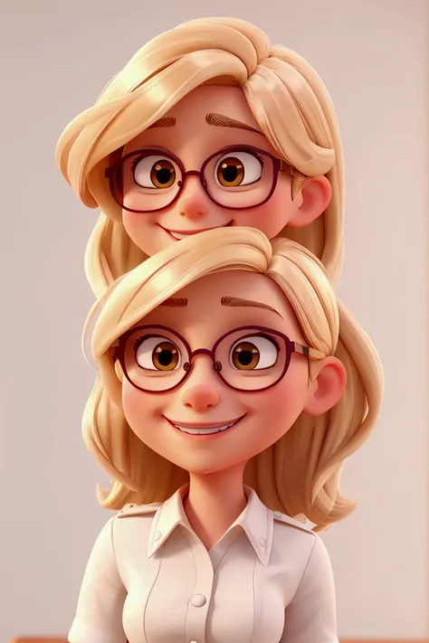 a woman, blonde,  medium size hair,  brown eyes, wearing glasses, white blouse, Smiling Disney cartoon style
