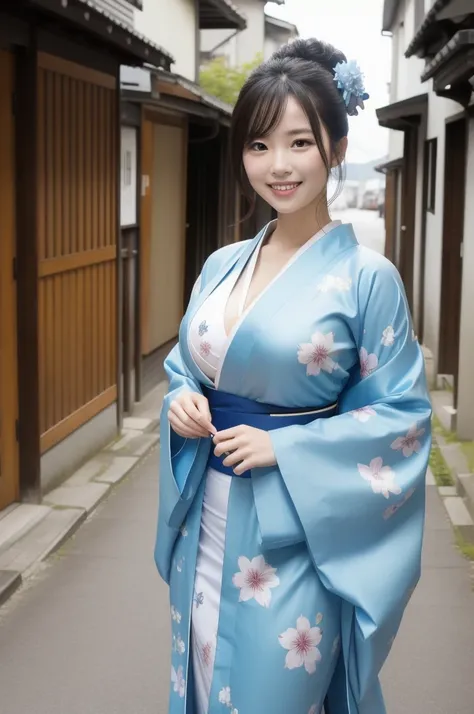 kimono light blue, big breasts, whole body, from diagonally, look at viewer, smile,