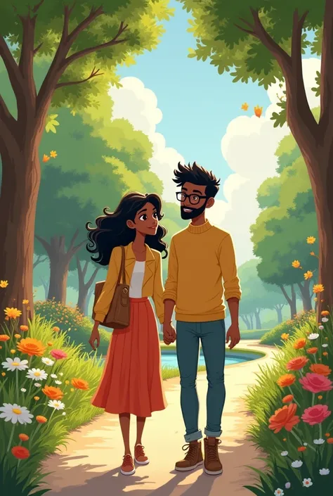 Create a Disney-style couple .  The dark-skinned girl with medium black hair and the black-haired boy,  beard and glasses walking through a park 