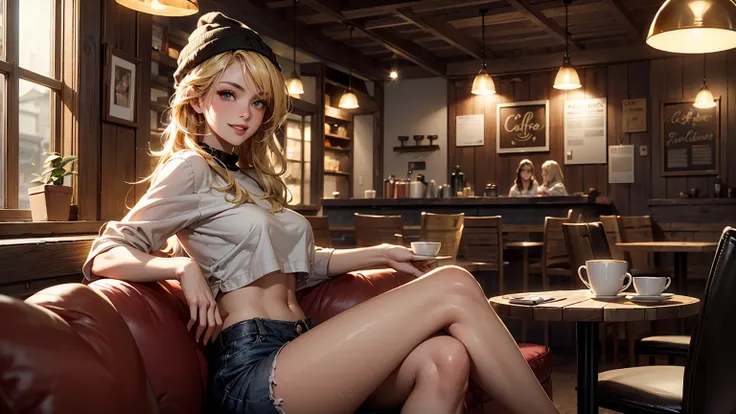 A fun, lively blonde woman with long, cascading hair and a stylish beanie sits in a cozy nook of a trendy coffee shop. Her perky figure is highlighted by a snug crop top, and her eyes hold a mischievous glint as she looks up with a relaxed, teasing smile. ...