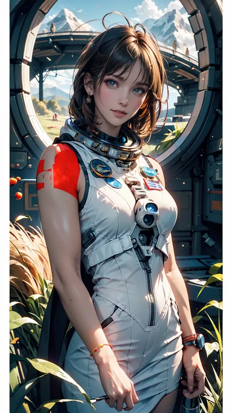  Award-winning  (whole body:0.8) (  portrait photo with lots of ties :1.3) Young woman (Sci-Fi Astronaut:1.3) and (Military Tank:1.4), (Stargate:1.4),  Looking at a lush alien planet , (Mountain々:1.2) (Tall Grass:1.4), rock, Fluffy clouds in the sky ,  Art...