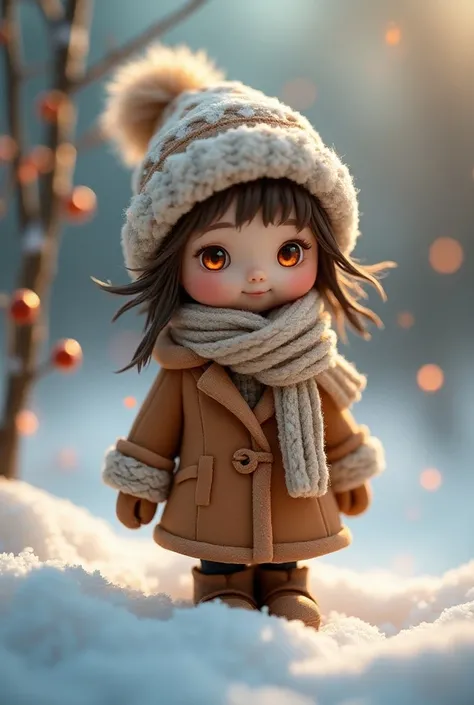 ( best quality , High resolution,masterpiece:1.2), ultra-detailed ,clay,close-up decote,small , fly away,coat,Scarves and hats ,standing in the snow,by the fluffy, glowing eyes , soft lighting