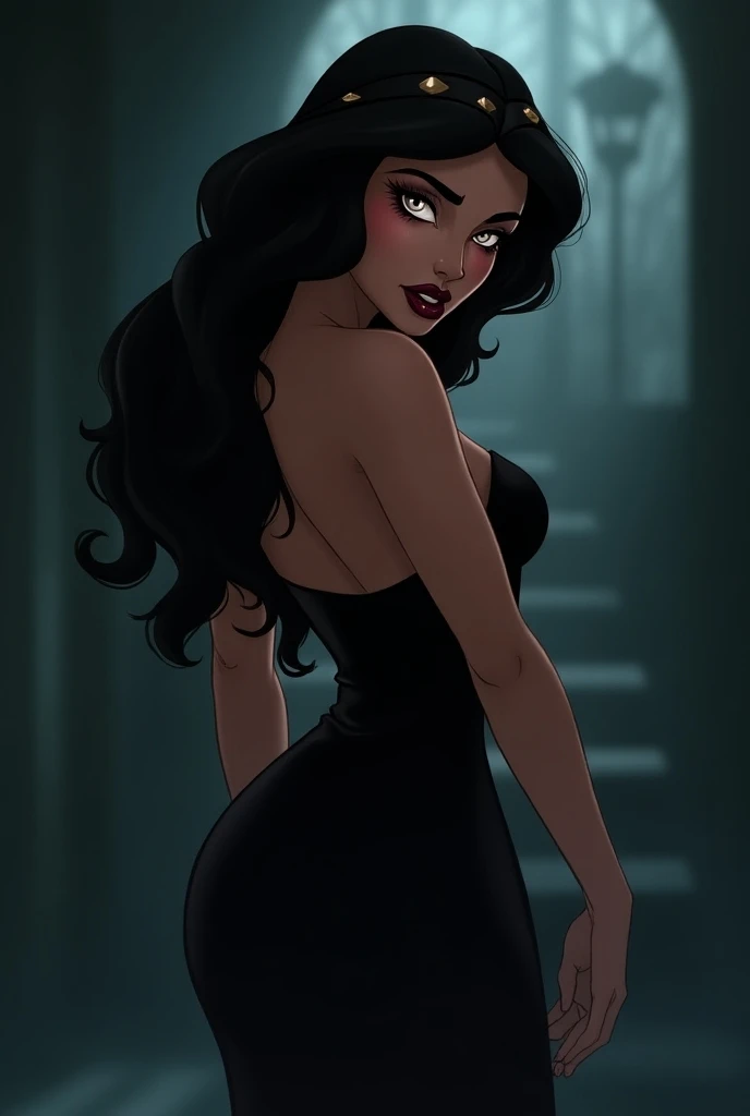 NSFW, Disney cartoon style: jasmine from Aladdin in black tight dress, evil eyes, (((dark make-up))), dark lipstick, seductive look. Evil look.