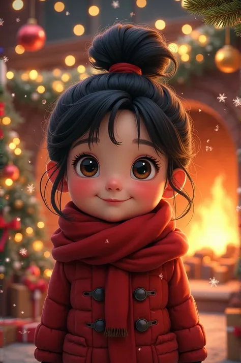 Rebeca  girl with black hair tied up chubby with the magic of Christmas