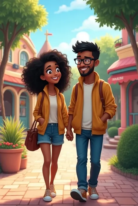 Create a Disney-style couple .  The dark-skinned girl with medium black hair and the black-haired boy, Beard and glasses walking through a Disney-style park