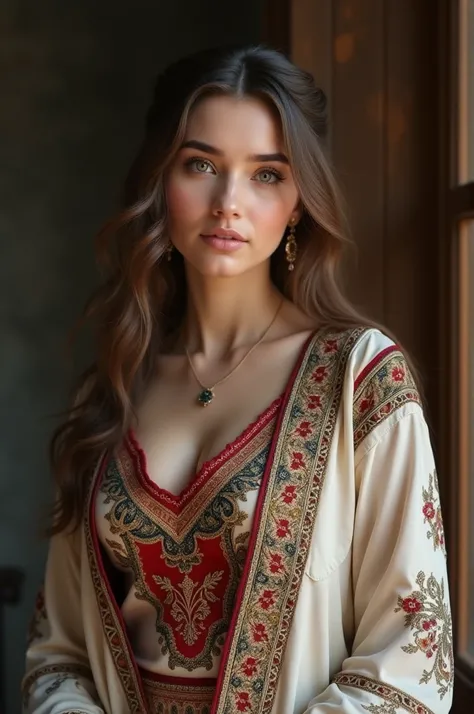 Uzbek adult about , green eyes, in uzbek national clothing, small lips and oval face shape showing her big boobs open her top button show her Big breast,open her legs right side। Sliping in bad। showing her breast 
