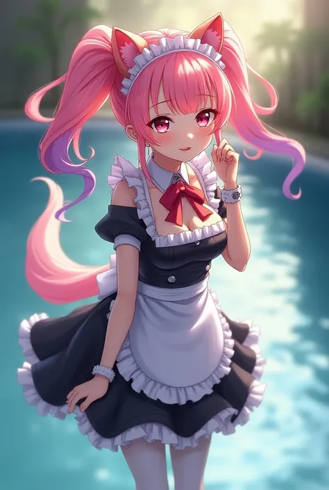 1girl, solo, fantasy, pink hair, orange hair, purple hair, pink eyes, tongue out, twintails--, dog ears, maid dress, pantyhose, bracelet, bowtie, frills, onsen