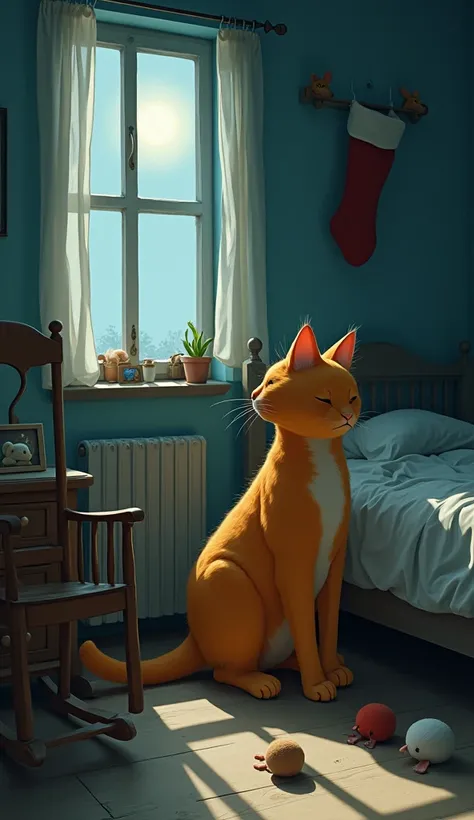  In a quiet, dimly lit room ,  a big cat orange sits in the center of the room .  Its vibrant coats contrast with the melancholic atmosphere of the place .  Her eyes express deep sadness while she Stare intently at an empty corner of the bedroom, Where she...