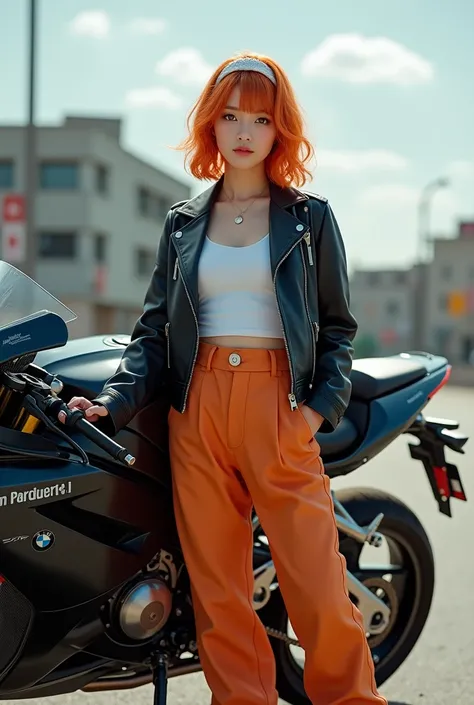 Masterpiece, full body image of a young Japanese queen, side swept curls orange hair, wearing white headband, medium breasts, white sleeveless t-shirt and black leather jacket with Im Pardee A.I. text, orange loose pants, black leather boots. She is on the...