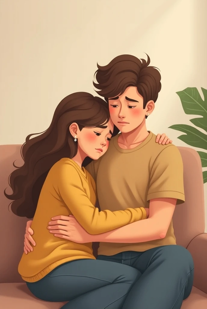 comfort, wife, sad, 2d, cartoon, brown hair, brown hair husband, 30 years old