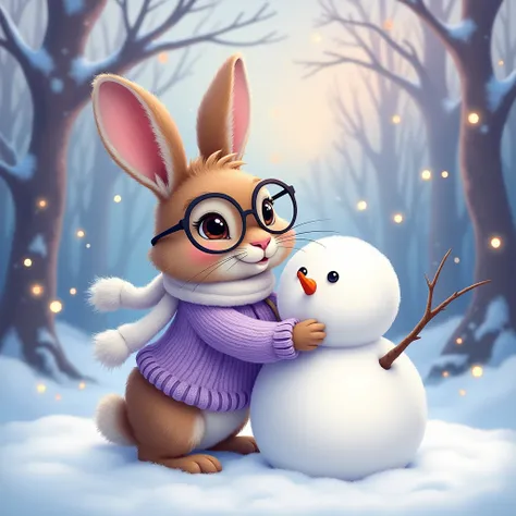 "A cute fluffy rabbit with big round glasses and a lavender knitted sweater and white scarf is making a snowman in a magical forest. There is snow all around and in the background, a dreamy watercolor landscape in soft pastel colors with dancing lights. Th...