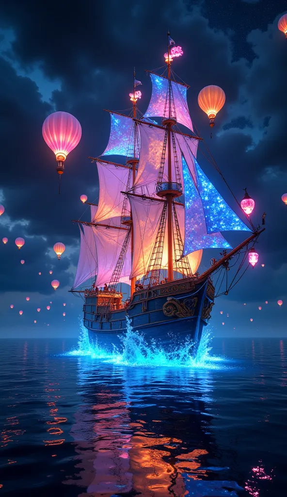 a fantasy scene of a lantern-themed world, a ghostly ship floating on the night sea as if merging with a hot air balloon, solo, ...