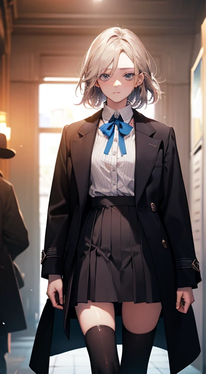 (masterpiece,  best quality :1.2), cowboy shot, Alone, 1 , Charlotte Aulin, expressionless, Closed mouth,   looking at the spectator , tissue,  short coat, skirt, BLUE Thigh High Socks