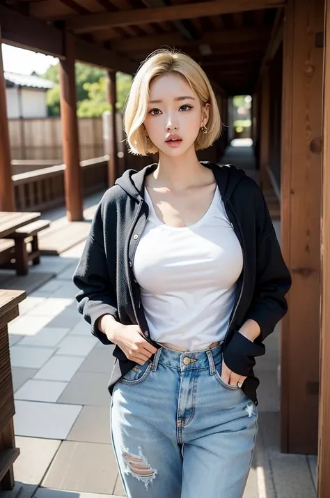 Japanese beauty, short hair, beautiful blonde, highly realistic and detailed face, very white skin, big earrings, oversized clothes, oversized hoodie, oversized denim, ultra realistic, best body, short hair, wavy hair, ((blonde hair)), blonde hair, long le...