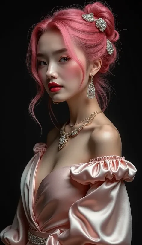 high quality, masterpiece, High resolution, One Women ,shiny silk satin dress,hair ornaments, necklace, jewelry,Beautiful Face, On top of that_body, Tyndall effect,Realistic, Dark studio, Rim Light, Two-tone lighting,(Skin with attention to detail:1.2), 8k...