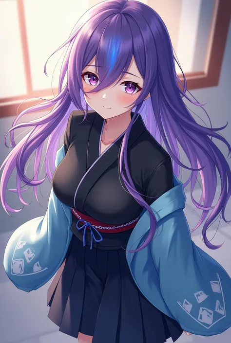 Attractive game girl with purple long hair 、 
Turn a section of the side of the bangs blue.　
 blue highlights on the side of her bangs 　Part of the bangs is blue　　 blue kimono with white triangular pattern on the cuffs　Light blue kimono coat
black hakama a...