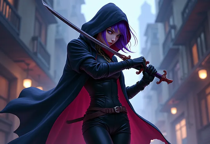  I need you to create concept art of an assassin class.  The character is a blade user , purple hair,  black overcoat , hooded. 2D anime RPG style , different poses,  focus on body and face 