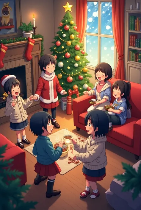 Group of 7 people enjoying Christmas in a well-decorated living room in pixel anime style