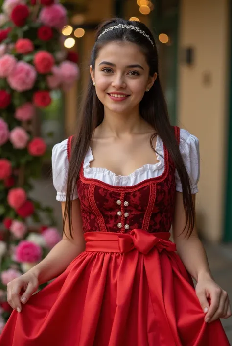  Realistic upper body portrait of a young Italian black-haired woman aged 23 with long hair,  ponytail , hairband, smile.  She poses in front of the camera in a red , Satin dirndl with a satin apron ..., Oktoberfest,glamour fotoshooting, Wedding celebratio...