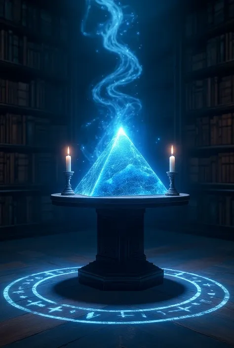 Magic altar with blue candles a crystal pyramid on top of the altar with books on the altar in a library on top of the altar a whirlwind and on the library floor a white magic circle and the altar inside the circle 