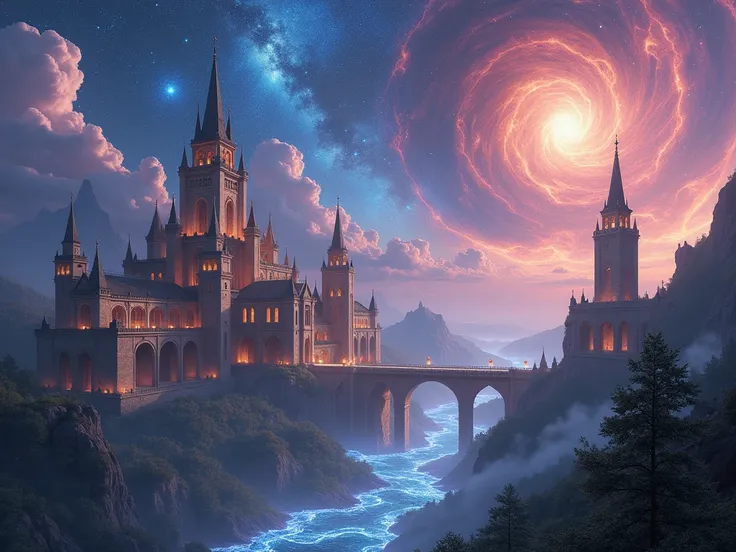 Create a vibrant, cosmic cityscape blending medieval architecture with swirling galaxies and ethereal clouds. Towering spires rise from a sparkling terrain, interconnected by glowing silver pathways and rivers. Capture the essence of a civilization thrivin...