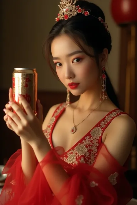 "A stunning beauty with ancient oriental charm, shown in a close-up shot wearing a red and gold phoenix-embroidered wedding dress, holding a sleek, can "SINGHA" THE ORIGINAL THAI BEER in her hand. The focus is on the elegant details of her hand and the can...