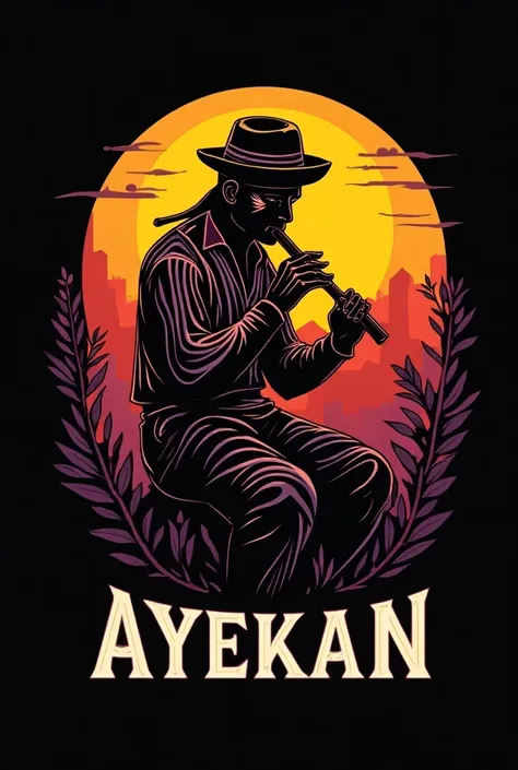 Logo for Latin American folklore group  "AyeKan "  of a Bolivian playing Zampoña add the name "AyeKan "  color palette black purple red and yellow 