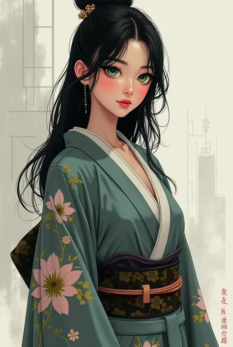 Give me a full body image of a 20-year-old woman with black hair and green eyes wearing a kimono with a modern touch