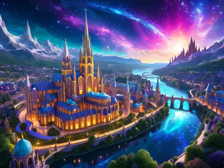 Create a vibrant, cosmic cityscape blending medieval architecture with swirling galaxies and ethereal clouds. Towering spires rise from a sparkling terrain, interconnected by glowing silver pathways and rivers. Capture the essence of a civilization thrivin...