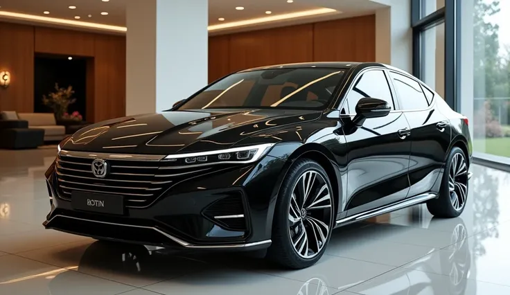 Here is the image of the 2025 Proton Saga displayed in a showroom. Let me know if youd like any adjustments!The car shining Black 