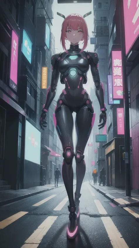 An android girl with mechanical body parts and robotic prothesis, walking in the street, neon future scene, short distance shot