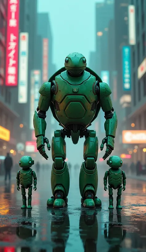 green Turtle Robot，Small，humanoid Robot，3 bodies, on futuristic neon city, facing camera