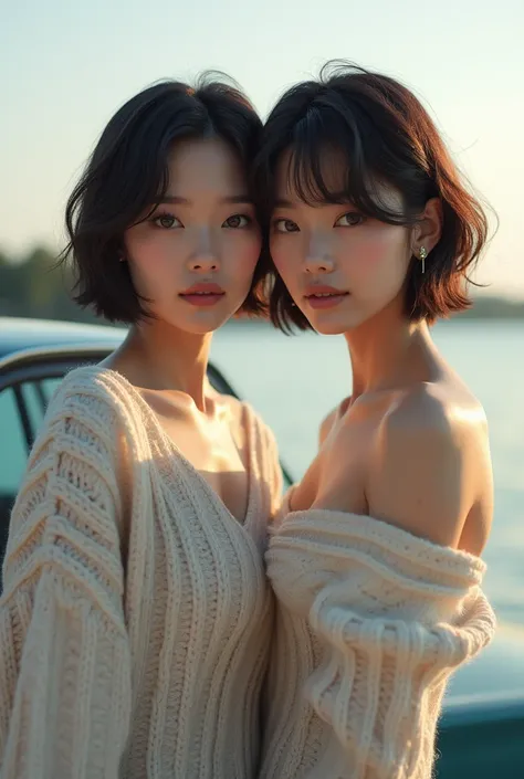   Beautiful Young Japanese Woman 。 short hair、They look just like Kirara Asuka and Mayoi Ebihara、 big eyes、Diligent Smile、2024 trend sweaters、 two women leaning against the car 、Seaside、  seductive and delicate zone  、The breast size is L cup、Realistic ima...