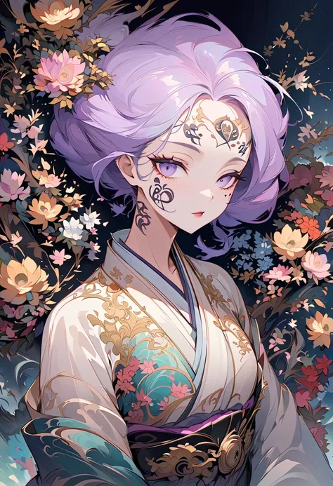 surreal, Very detailed, and a high resolution 16k image of a young woman, Beautiful female ghost or guardian angel. She has light purple hair and translucent skin, Wearing a traditional Japanese kimono，face tattoo(Meaningful japanese character writing:1.1)...